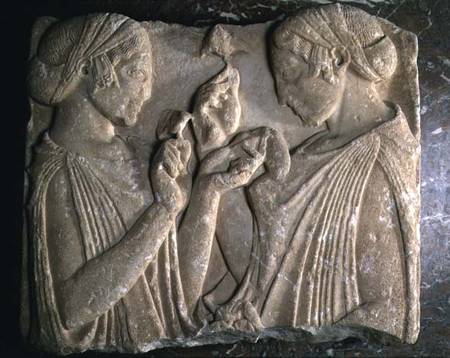 The Stele of Pharsalos depicting the glorifying of the flower, two girls face to face carrying flowe von Greek School
