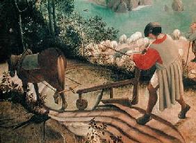 Landscape with the Fall of Icarus, detail of a man ploughing c.1555