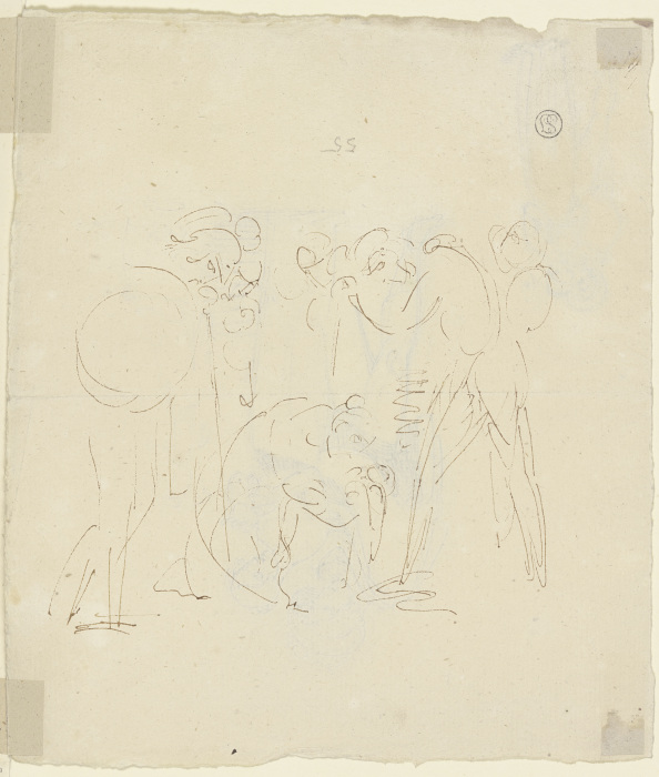 Eine Gestalt, umgeben von antikisch gewandeten Kriegern, hebt den Körper eines Kindes (?) vom Boden  von Gustav Heinrich Naeke