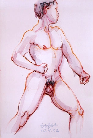 Stehender männlicher Akt, beide Hände seitlich nach vorn, linkes Bein vorgestellt, Ansicht von vorne von Hajo Horstmann