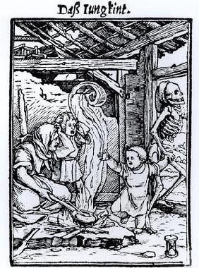 Death Taking a Child, from the 'Dance of Death' series, engraved by Hans Lutzelburger, c.1526-8 (woo 1922