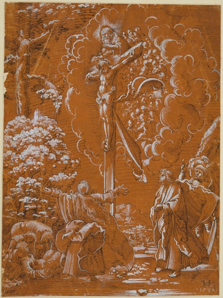 Der gekreuzigte Christus, Gottvater und der Heilige Geist in einer Landschaft mit Assistenzfiguren von Hans Mielich