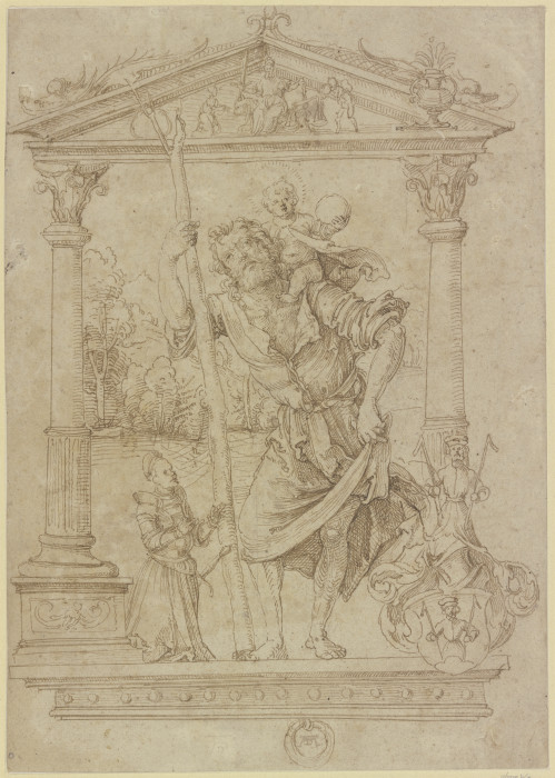 Der Heilige Christophorus mit kniendem Stifter, in Renaissance-Umrahmung, rechts das Wappen der Nürn von Hans von Kulmbach