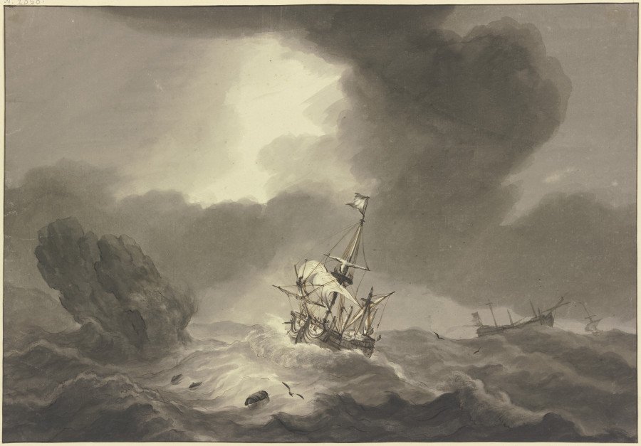 Seesturm, rechts ein entmastetes Schiff, links ein Felsen, an welchem ein Schiff vorbeisegelt von Hendrik Kobell