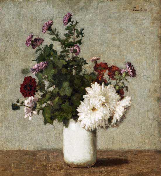 Stilleben mit Herbstchrysanthemen in einer weißen Vase 1889