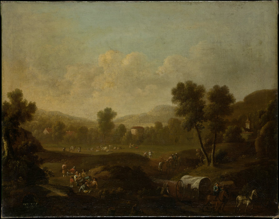 Bergige Landschaft mit rastenden Figuren und Planwagen von Holländischer Meister des 18. Jahrhunderts