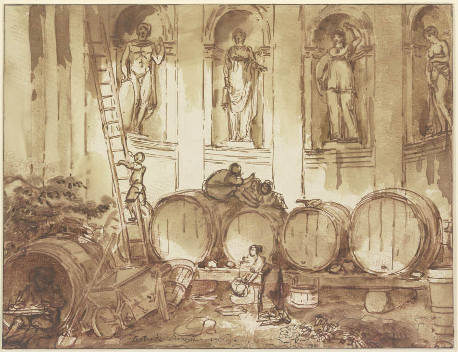 Weinlager in einer Nischenhalle mit vier Statuen antiker Gottheiten von Hubert Robert