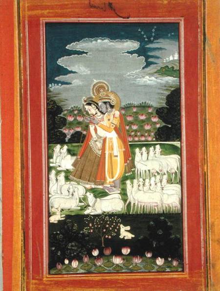 Radha and Krishna embrace in an idealised landscape with cows von Indian School