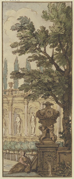 Panneau, im Vordergrund eine Vase, im Hintergrund ein Orangeriegebäude von Isaac de Moucheron