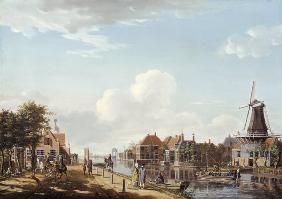 Dutch Canal Scene with Elegant Figures and a Mill 1877