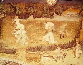 The Month of August, detail of the harvest c.1400