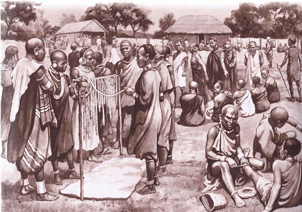 Marktszene in Kikuyu, nach MacMillan-Schulplakaten, um 1950-60 von J. Macfarlane