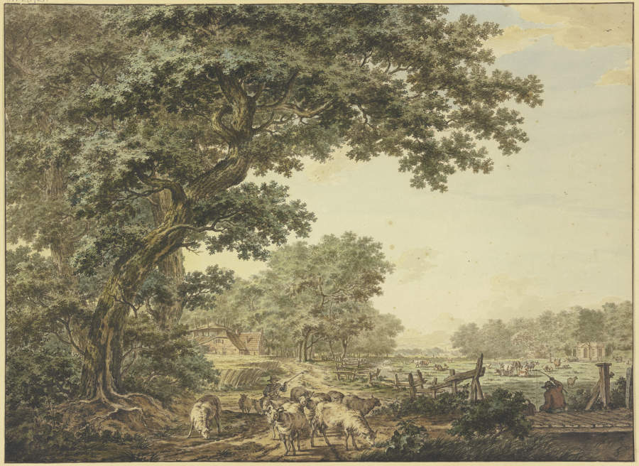 Wiesengrund zwischen dem Wald mit vielem Vieh, vorne ein Schäfer mit seiner Herde, auf einer Brücke  von Jacob Cats