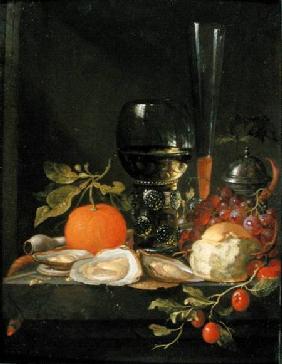 Still Life of Oysters, Grapes, Bread and Glasses on a Ledge Bread and