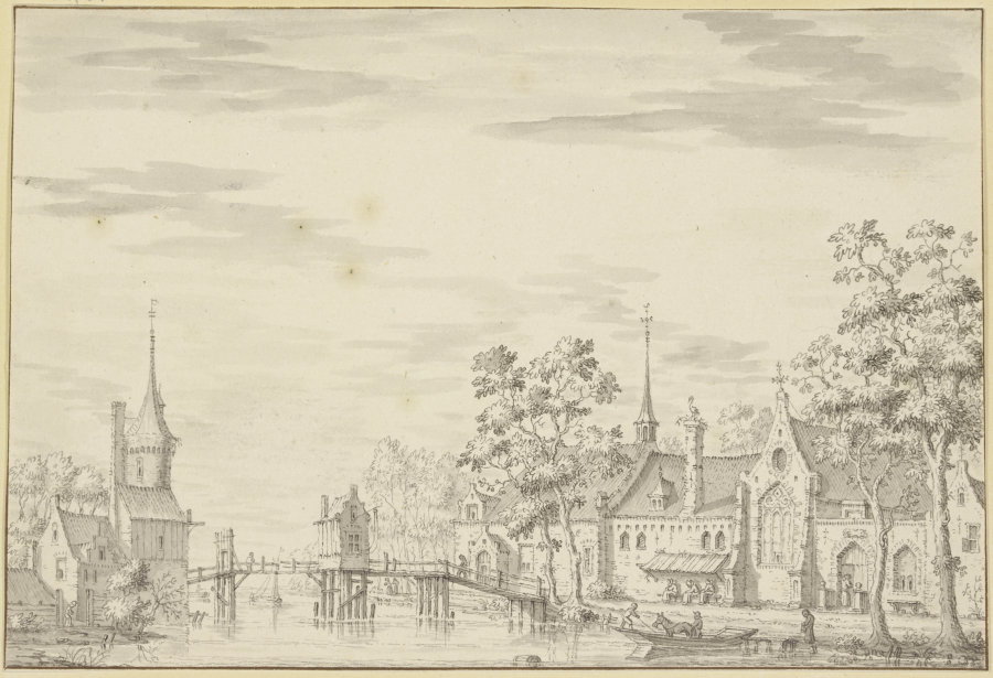 Ansicht einer kleinen Stadt mit Holzbrücke von Jacobus Stellingwerff