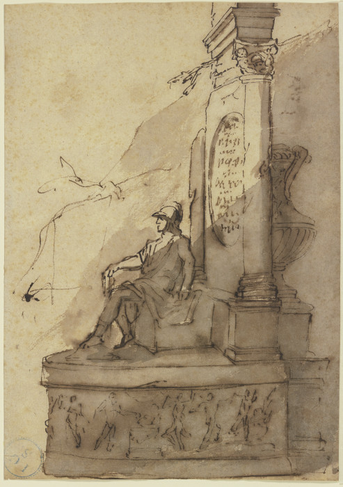 Bildwerk eines auf dem Sockel eines Monuments sitzenden Kriegers von Jacques van Schuppen