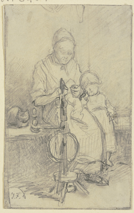 Eine Frau mit Kind und Katze beim Spinnrad sitzend von Jakob Furchtegott Dielmann