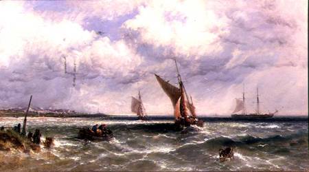 Fishing Boats Coming into Shore with a Two-Master at Anchor Beyond von James Edwin Meadows