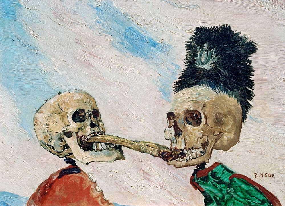 Skelette kämpfen um einen Hering von James Ensor
