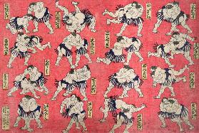Sumo wrestlers (hand tinted wood engraving on paper) 1863