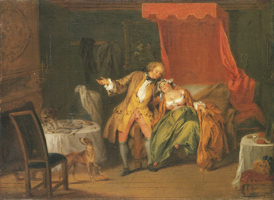 Madame Bouvillon bittet Destin ihr einen Floh zu suchen , um ihn in Versuchung zu führen von Jean-Baptiste Joseph Pater