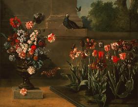 Parterre de tulipes et vase de fleurs au pied d’un mur 1744