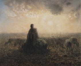 Schäferin und Herde an Sonnenuntergang 1868-70