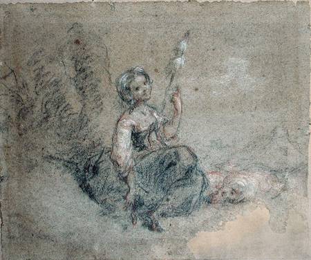 A Young Shepherdess Spinning (red & white chalk and charcoal on paper) von Jean-François Millet