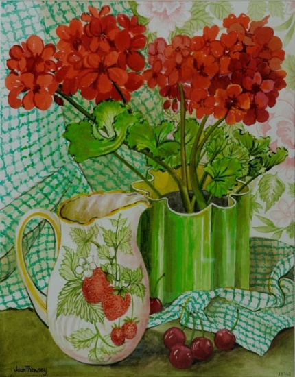 Red geranium with the strawberry jug and cherries von Joan  Thewsey