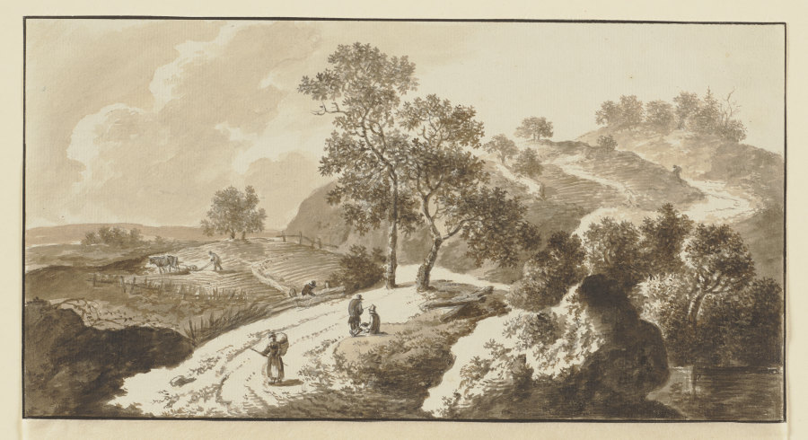 Bewaldete Anhöhe hinter einem Acker, Staffagefiguren auf dem Weg und dem Feld von Johann Alexander Thiele