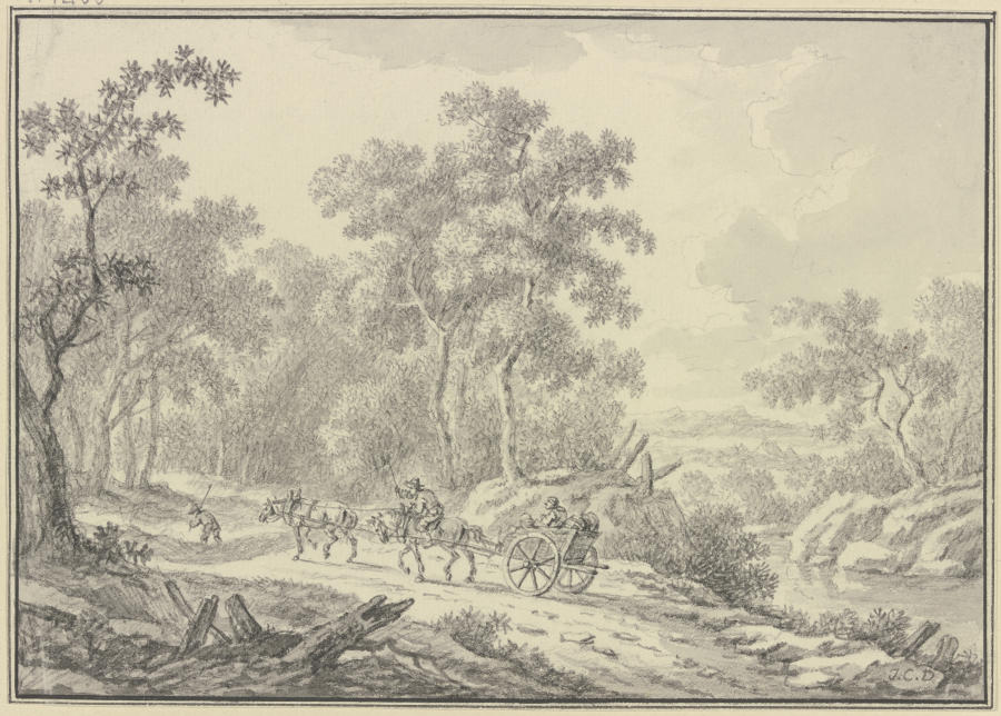 Auf einem Waldweg fährt ein zweirädiger Karren mit zwei hintereinander gespannten Pferden von Johann Christoph Dietzsch