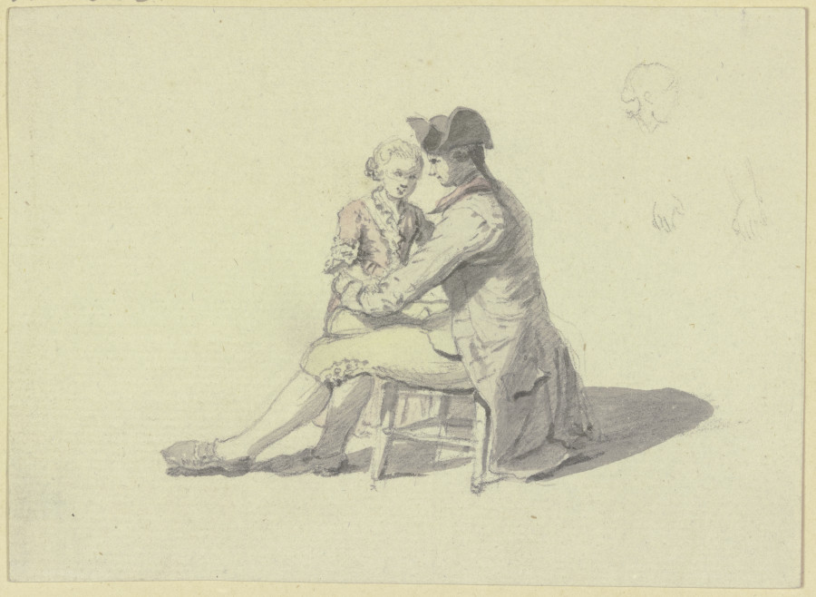 Ein Mann auf einem Stuhl sitzend in Unterhaltung mit einem Jungen von Johann Ludwig Aberli