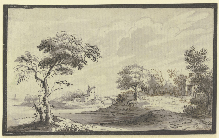Hügelige Landschaft mit Fluß, Bäumen und Häusern von Johann Ludwig Aberli