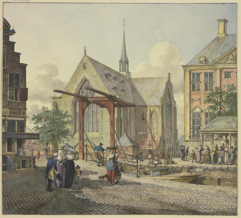 Schleusentor bei einer Kirche, links eine verschleierte Dame, ein Offizier und eine Dame mit einem K von Johannes Huibert Prins