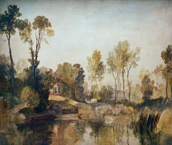 Haus am Fluss mit Bäumen und Schafen 1807