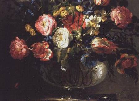 Roses, Tulips, Hyacinths and Jasmine in a Glass Vase (one of a Pair) von Juan de Arellano
