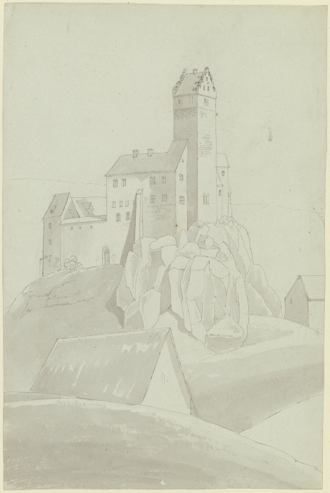Schloß mit viereckigem Turm auf Felsen stehend von Karl Ballenberger