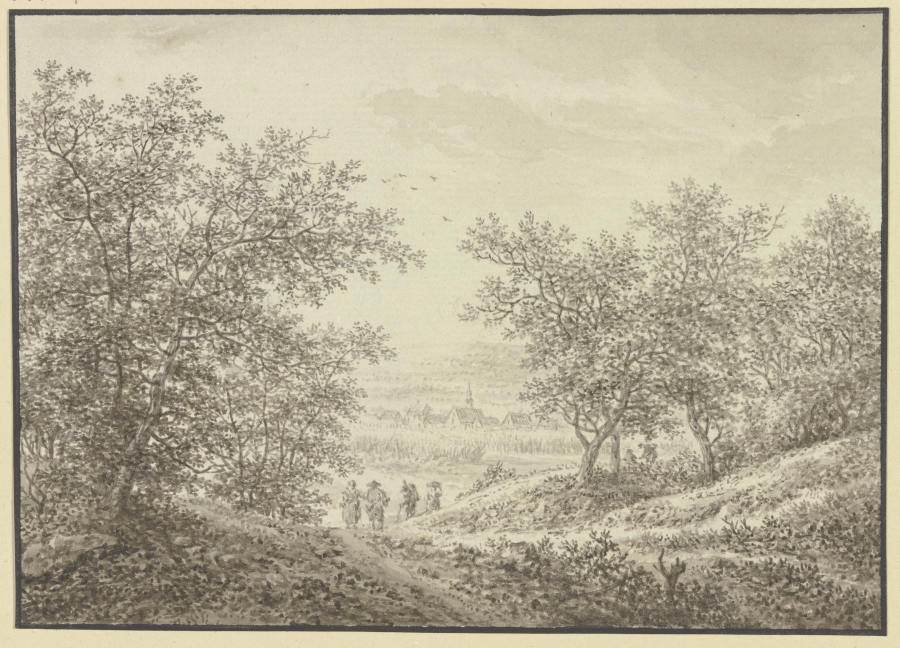 Waldausgang mit Blick auf ein Dörfchen, im Vordergrund vier Figuren von Karl Franz Kraul