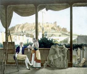 The French Consul, Monsieur Fauvel, on the terrace of his house in Athens, engraved by the Thierry B 1825