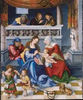 Joseph, Maria, Anna und der Jesusknabe, im Hintergrund die drei Gatten Annas: Joachim, Kleophas (mit