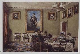Dining room at Langton Hall, family at breakfast c.1832-3