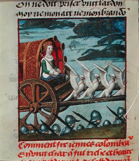 Harl 4425 f.138v Venus comes to the rescue on a chariot drawn by six white doves, Bruges von Master of the Prayer Books