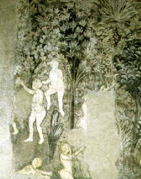 Detail of men bathing from the decorative scheme in the Hall of the Popes 1437