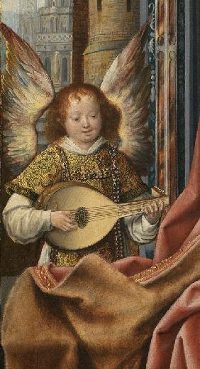 Triptychon mit der Heiligen Familie und musizierenden Engeln. Detail: Der Engel