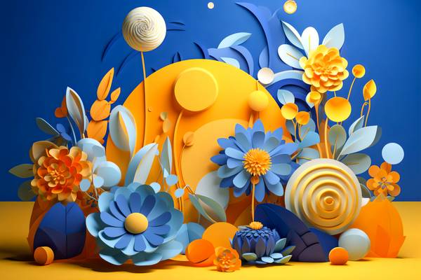 3D abstrakte Blumen in Blau und gelb, Blumenornament, floral, Natur von Miro May