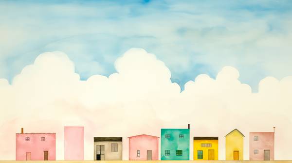 Aquarelle mit bunten Häusern und Wolkenlandschaften, minimalistisch. Digital AI Art. von Miro May