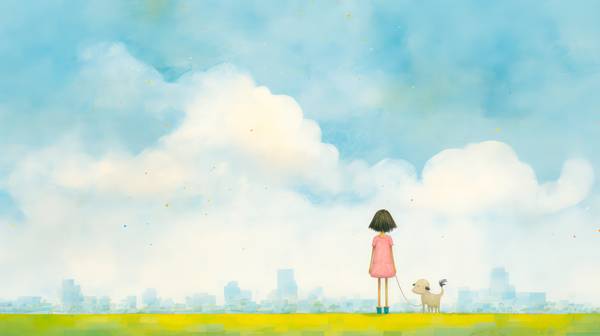 Aquarelle mit einem Mädchen und Hund, Skyline, Wolkenlandschaften, minimalistisch. Digital AI Art. von Miro May