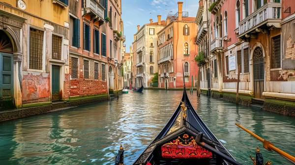Blick aus einer Gondel auf ein Kanal und bunten Häuser in Venedig  von Miro May