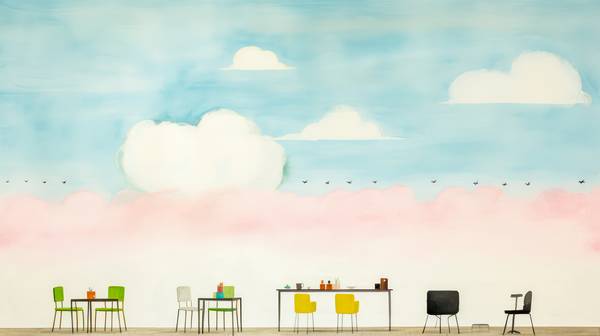 Bunte Aquarelle mit Cafe, Stuhl, Tisch und Wolken. Minimalistisch, Digital AI von Miro May