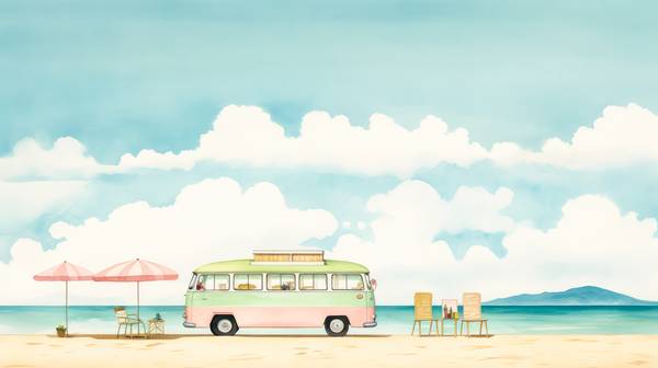 Bunte Aquarelle mit einem VW Bus am Strand. Wolken, Meer und Berge. Digital AI von Miro May
